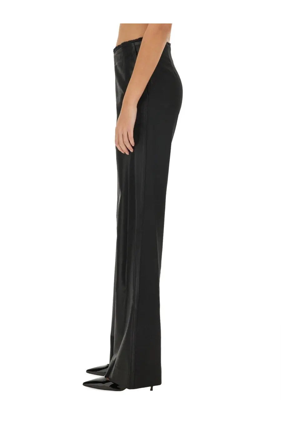 Diesel women’s black high-waisted wide-leg pants with a sleek glossy finish in a premium fabric