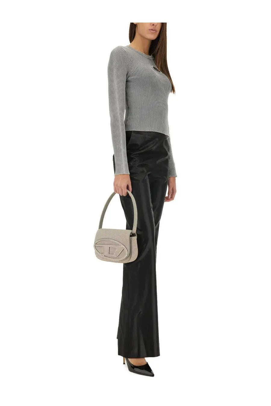 A sleek light gray leather handbag with minimalist design and embossed logo featured with diesel women’s pants lumys black