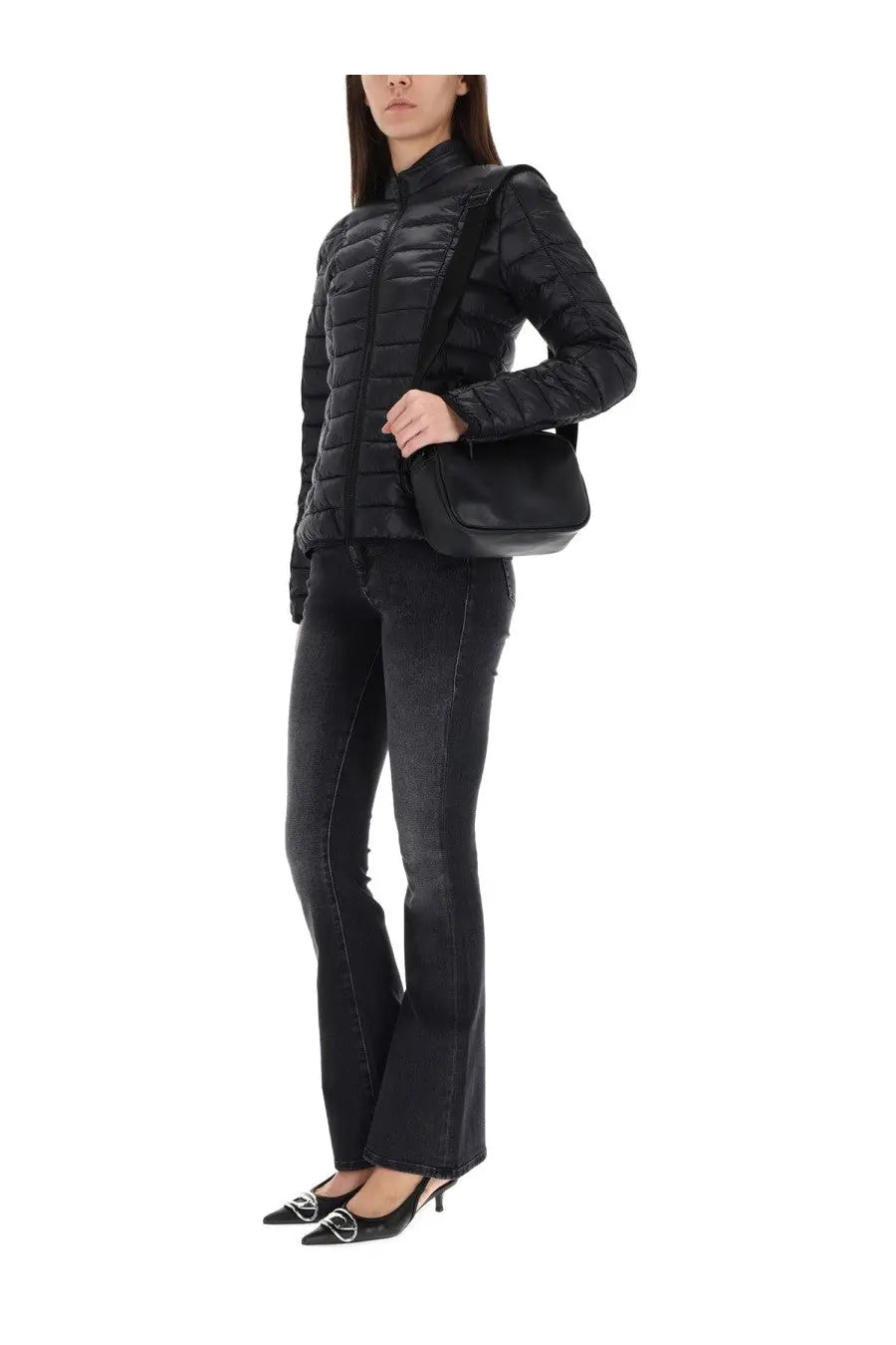 Diesel women’s pilot fem jacket black quilted puffer with high collar and zipper closure in front view