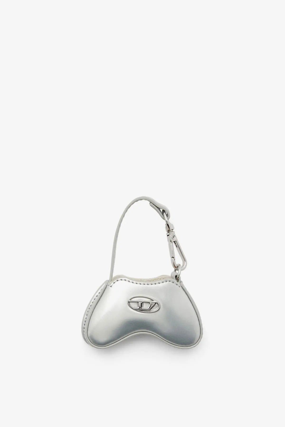 Diesel women’s play charm shiny keychain in white silver metallic with glossy finish and embossed logo in game controller shape