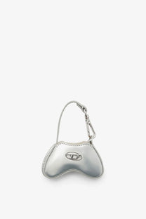 Diesel women’s play charm shiny keychain in white silver metallic with glossy finish and embossed logo in game controller shape