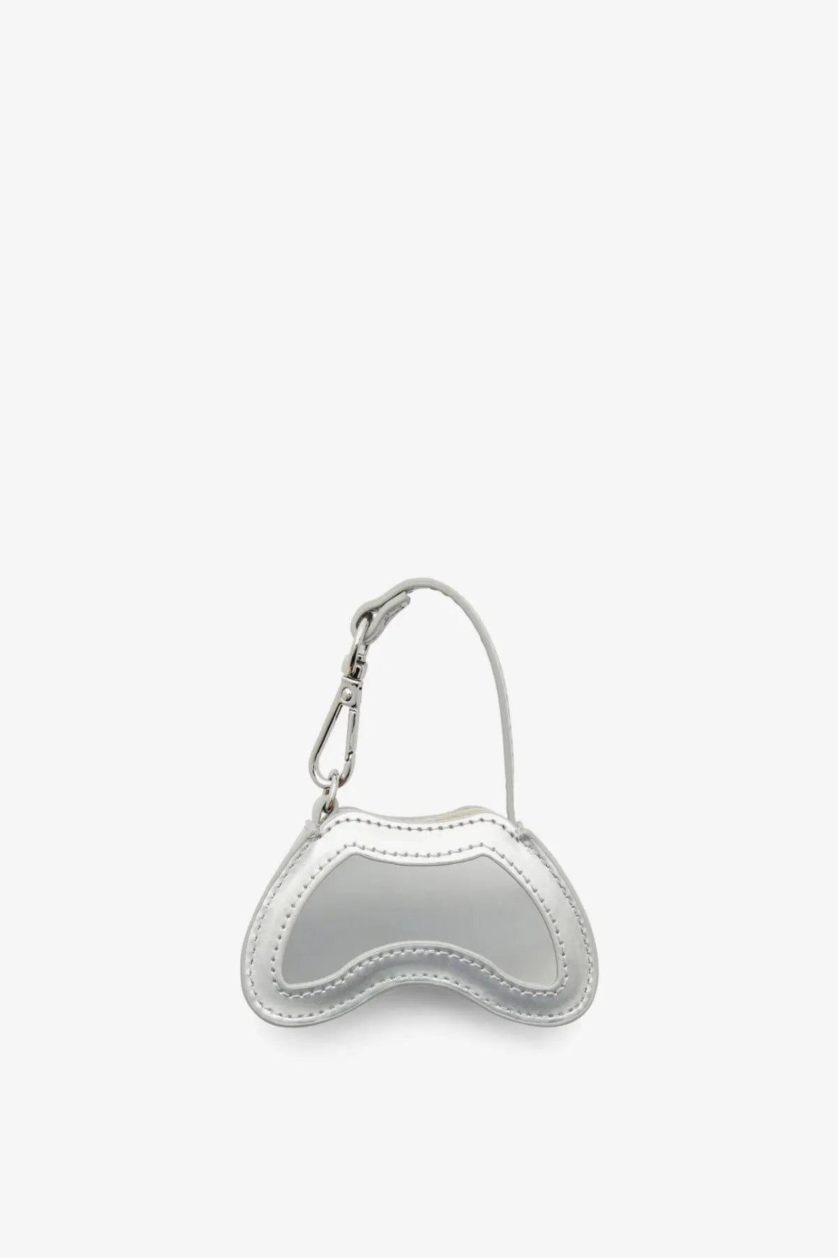 Diesel women’s play charm shiny keychain mini bag in silver metallic with glossy finish and stitched curved edges