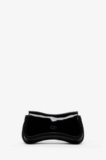 Diesel women’s play clutch shiny leather shoulder bag black with glossy patent leather curved design and embossed logo