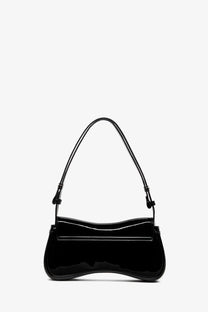 Diesel womens play clutch black glossy patent leather shoulder bag with sleek curved design and minimalist stitching