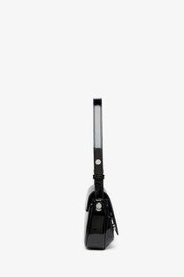 Diesel women’s play clutch shiny leather shoulder bag black with glossy black patent leather and silver hardware accents