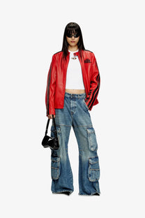 Red leather jacket with black stripes and embroidered logos shown from the back side for a stylish look