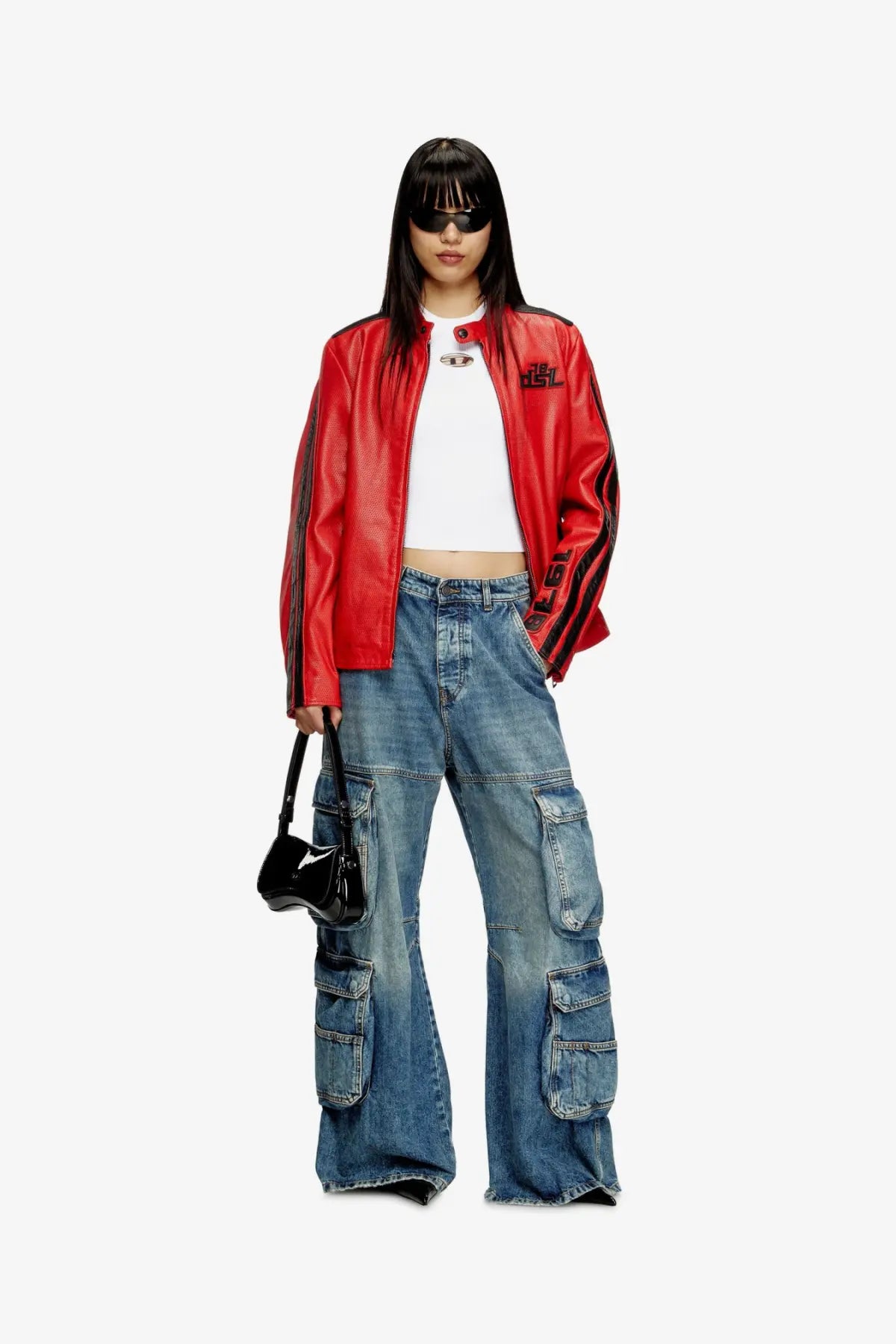 Red leather bomber jacket with black side stripes and embroidered logos paired with diesel womens black shiny leather shoulder bag