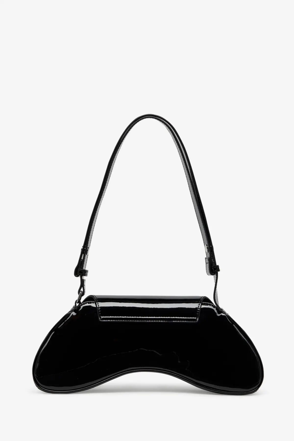 Diesel women’s play crossbody patent fabric bag black featuring a black glossy patent leather with curved asymmetrical shape