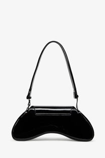 Diesel women’s play crossbody patent fabric bag black featuring a black glossy patent leather with curved asymmetrical shape