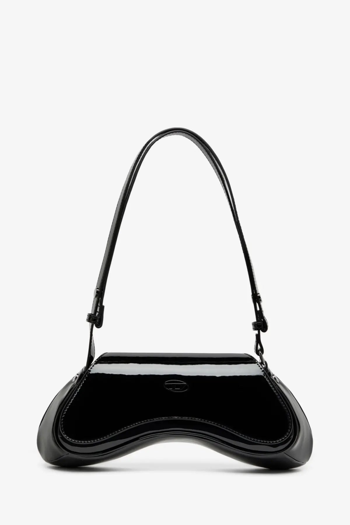 Diesel women’s play crossbody patent fabric bag black with glossy patent leather and sleek curved design with shoulder strap
