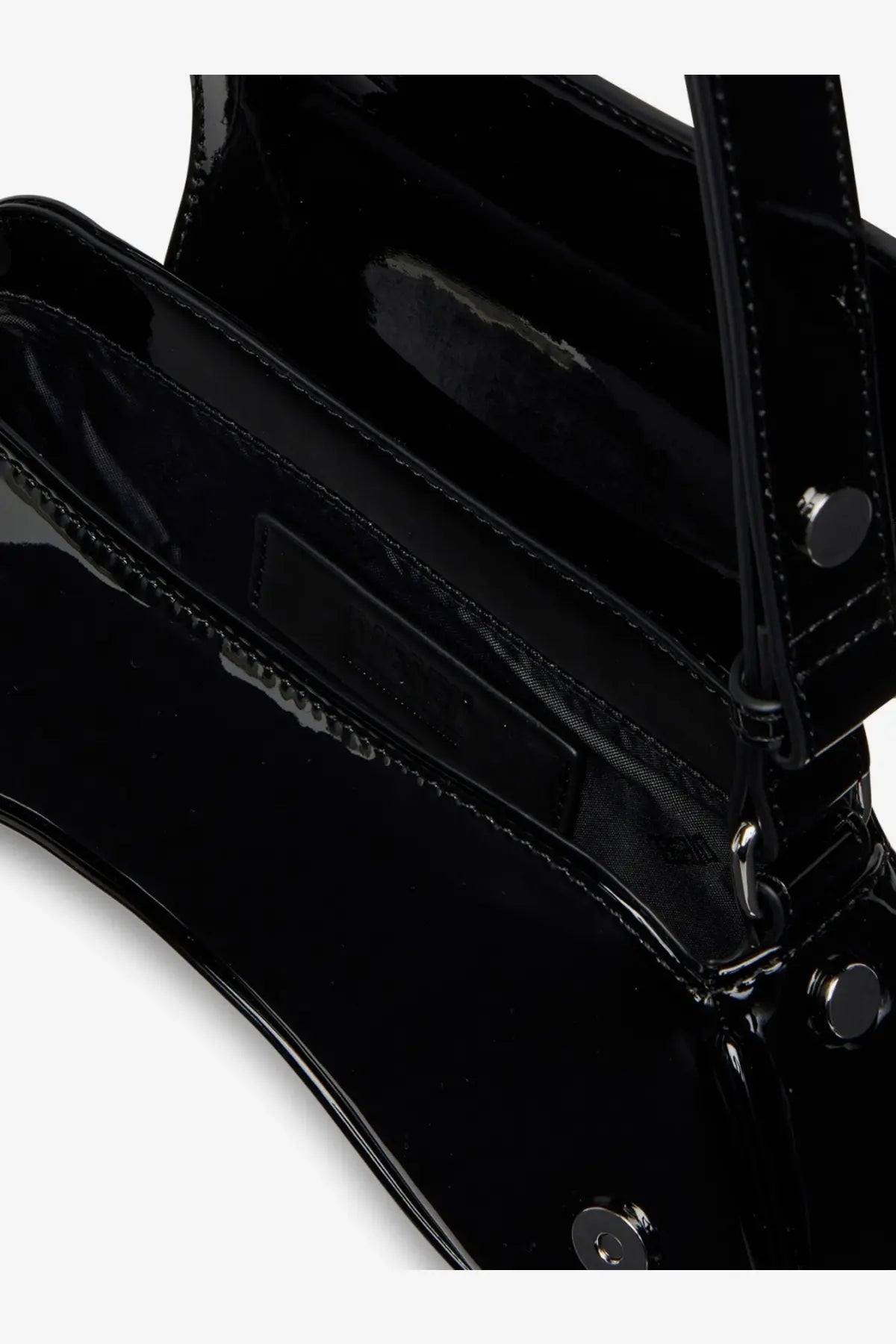 Diesel women’s play crossbody patent fabric bag in black with sleek glossy finish and silver-toned hardware accents