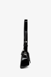 Diesel women’s play crossbody black patent leather shoulder bag with minimalist design and silver-toned hardware
