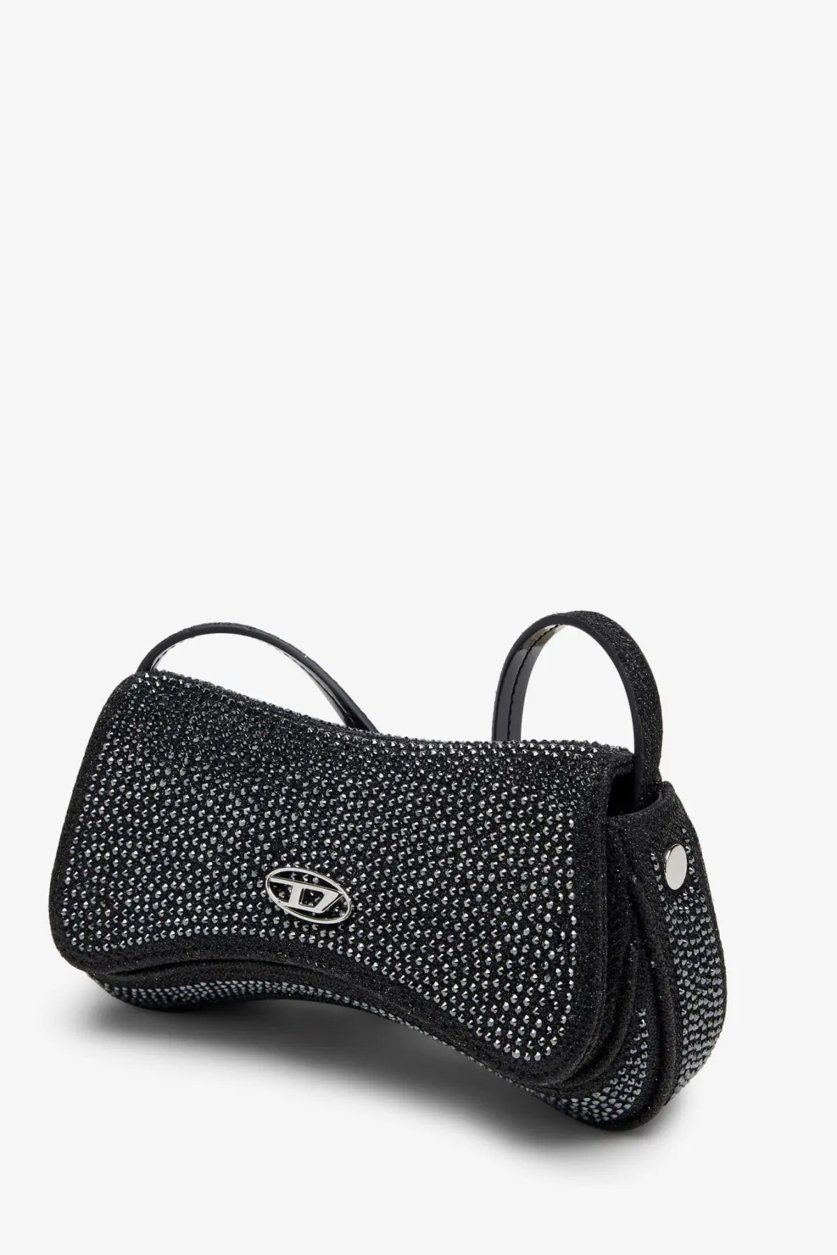 Diesel women’s play crossbody xs shoulder bag black with black crystal embellishments and silver-toned logo plaque
