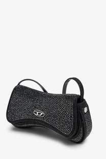 Diesel women’s play crossbody xs shoulder bag black with black crystal embellishments and silver-toned logo plaque