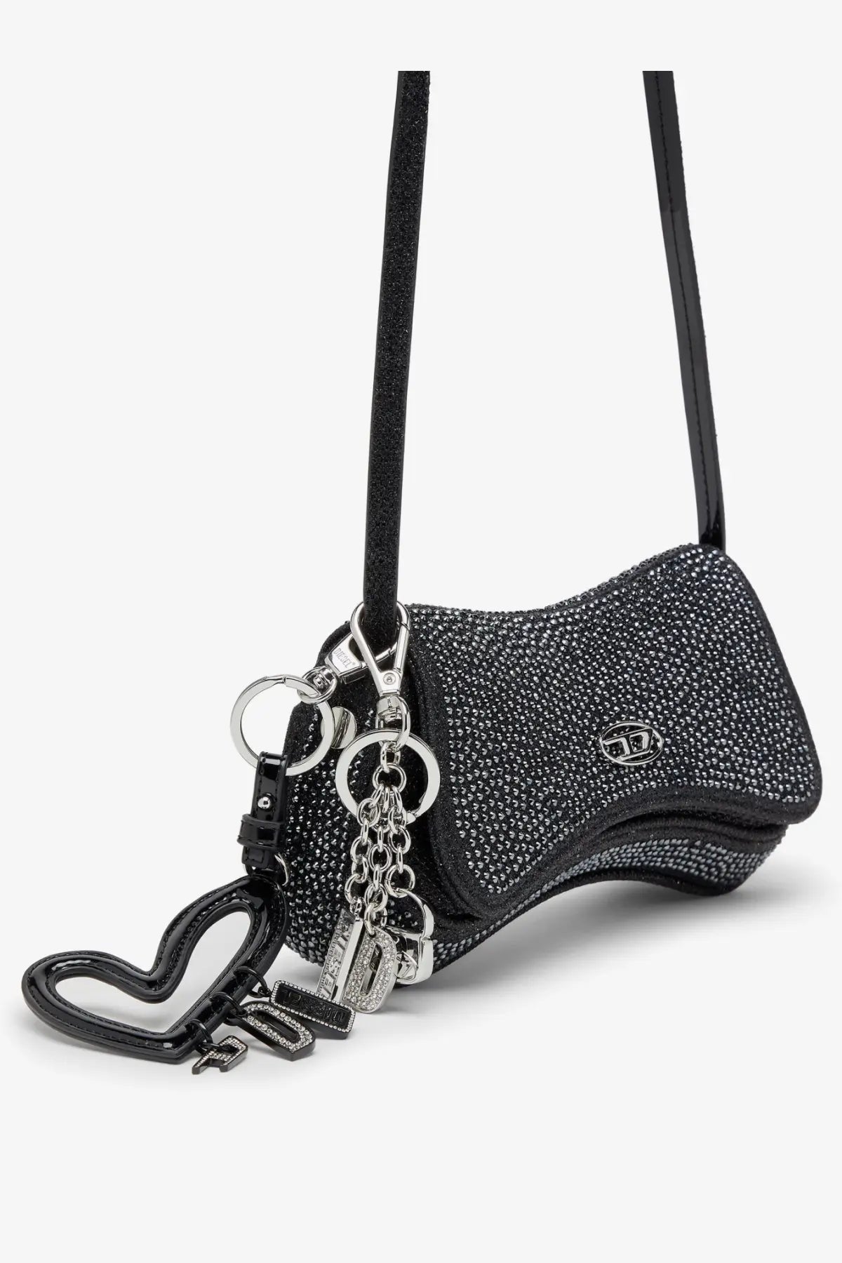 Diesel women’s play crossbody xs shoulder bag black with glittery texture heart-shaped keychain and metallic charms