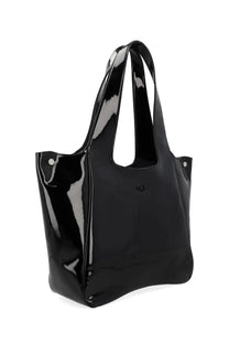 Diesel womens play shopper EW tote bag in black patent leather with sleek glossy finish and minimalist design