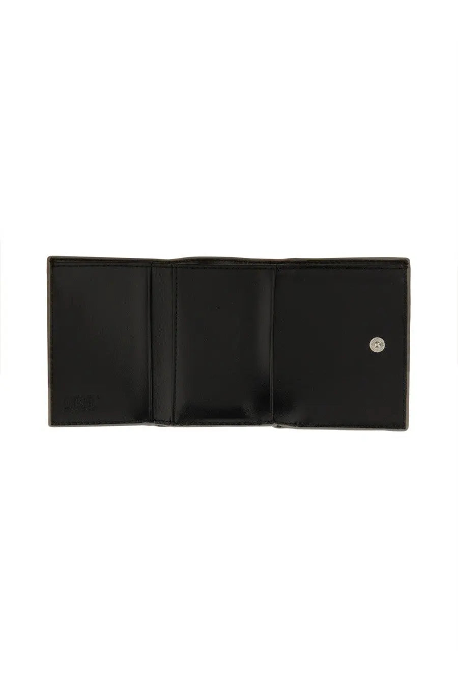 Diesel women’s black leather portafoglio trifold wallet with silver-toned circular logo on the right panel