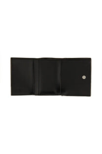 Diesel women’s black leather portafoglio trifold wallet with silver-toned circular logo on the right panel