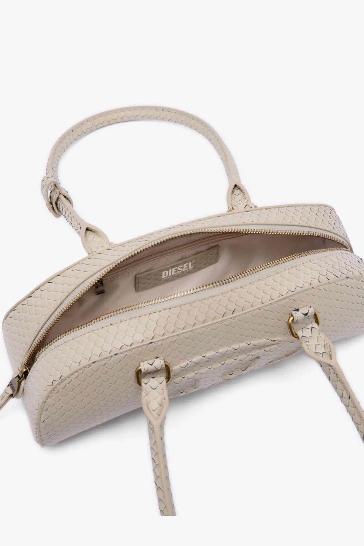 Cream-colored diesel women’s python effect leather shoulder bag with snakeskin texture braided handles and gold hardware