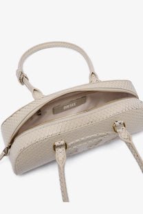 Cream-colored diesel women’s python effect leather shoulder bag with snakeskin texture braided handles and gold hardware