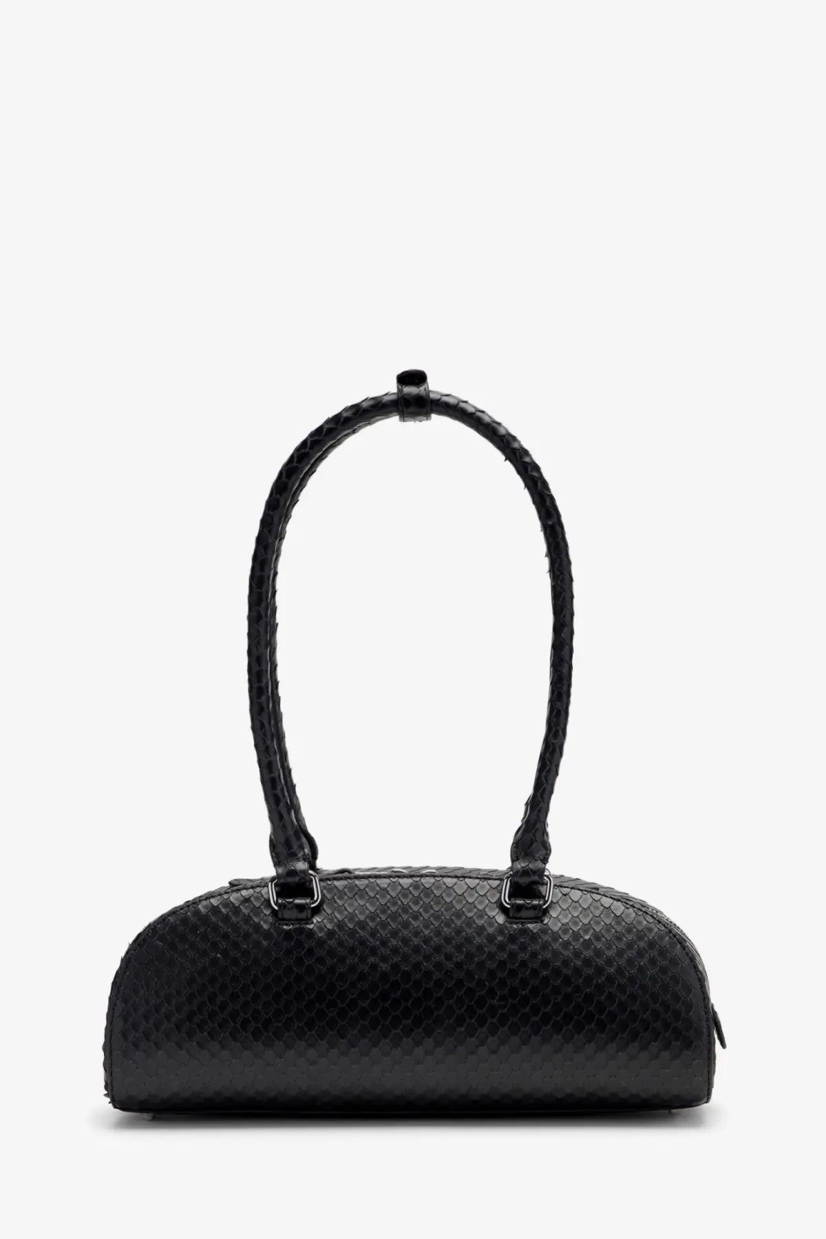 Diesel women’s black leather shoulder bag with python effect and braided handle in snake print texture