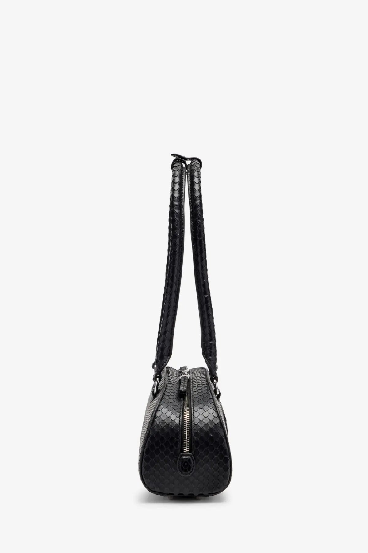 Diesel women’s black snake print leather crossbody bag with sleek rounded silhouette and braided straps