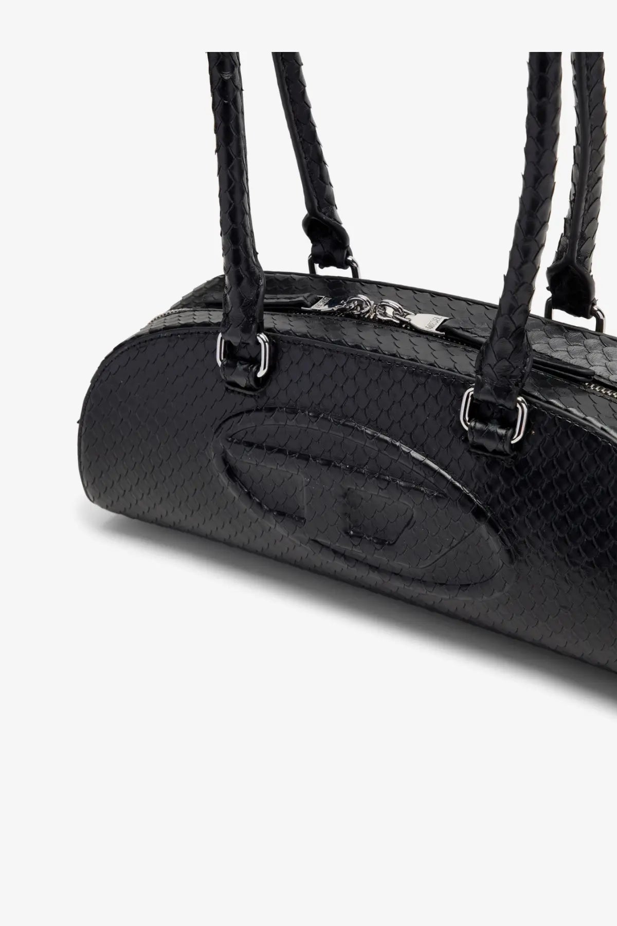 Diesel women’s black python effect leather shoulder bag with snake skin texture braided leather handles and silver hardware