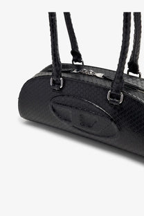 Diesel women’s black python effect leather shoulder bag with snake skin texture braided leather handles and silver hardware