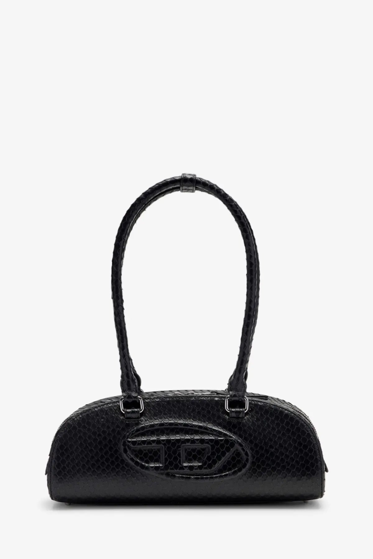 Diesel women’s black leather shoulder bag with python effect snakeskin texture and embossed logo on front glossy finish