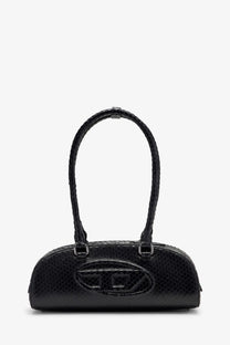 Diesel women’s black leather shoulder bag with python effect snakeskin texture and embossed logo on front glossy finish