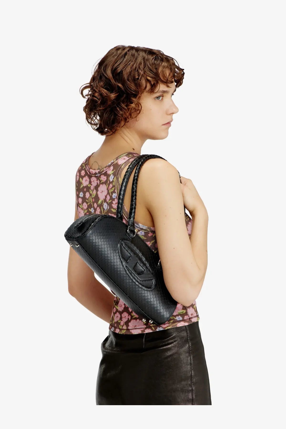 Diesel women’s python effect black leather shoulder bag with braided straps and a prominent logo plaque