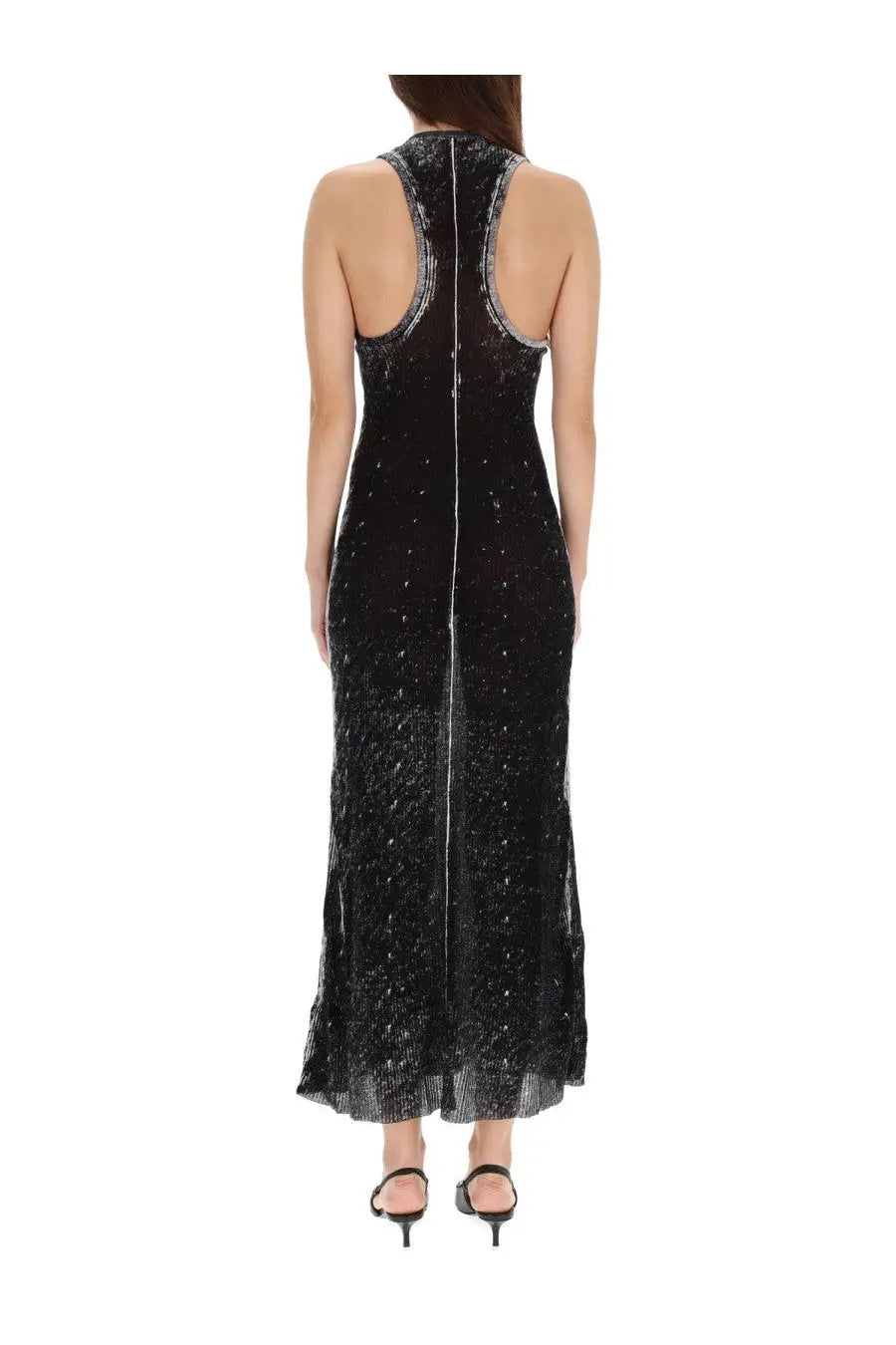 Diesel women’s rab dress red black beaded maxi dress with high neckline open back and silver sequin shoulder straps
