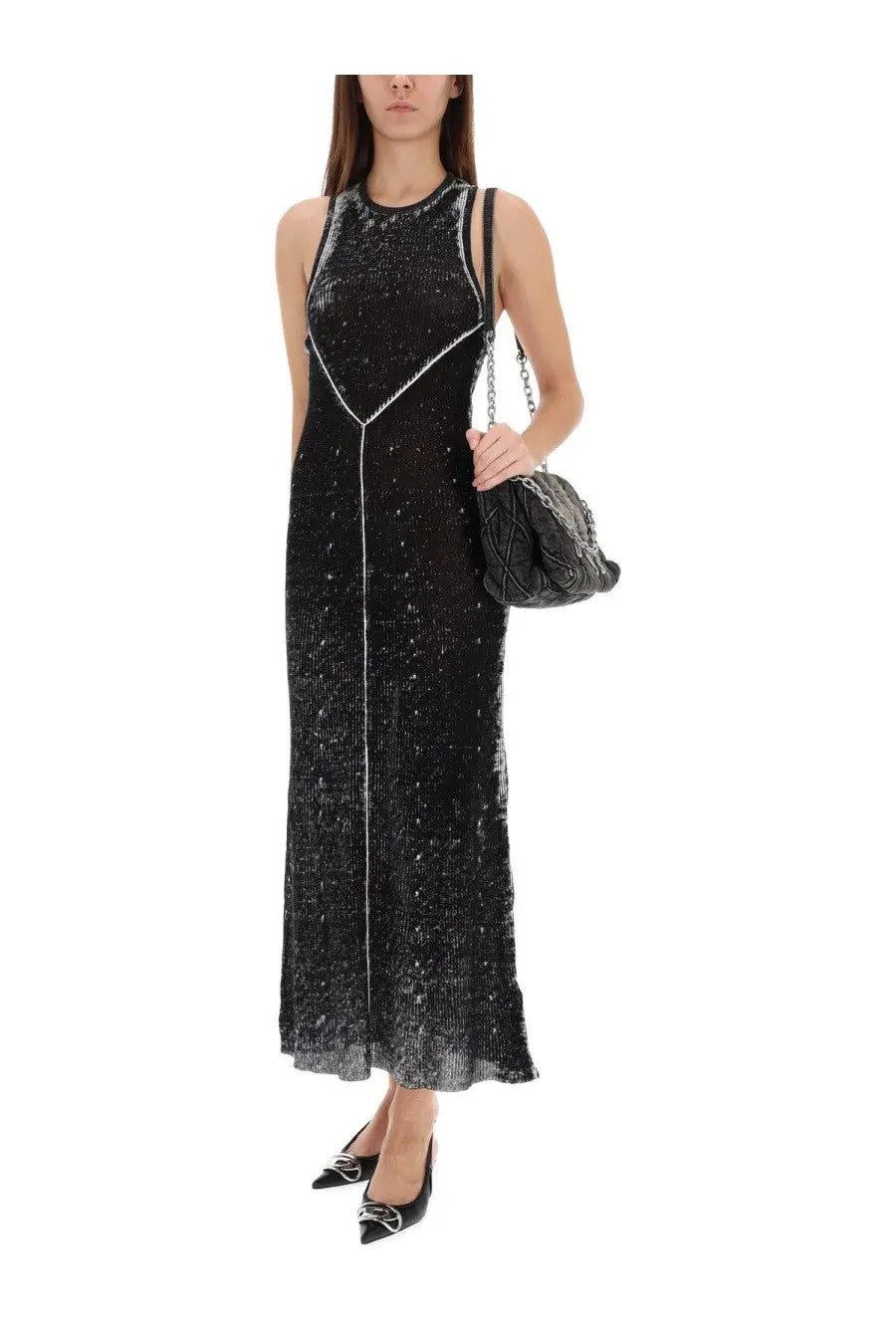 Diesel women’s black beaded sleeveless maxi dress with high neckline and silver trim along the front seam