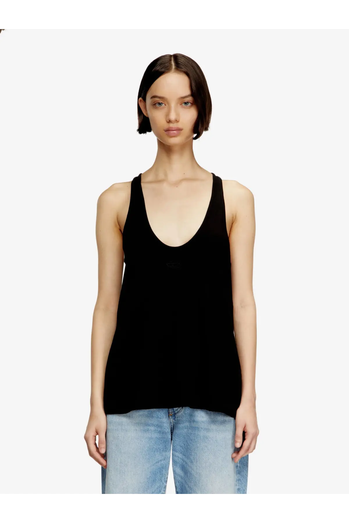 Diesel women’s black ribbed cotton tank top with sleeveless design, deep scoop neckline, and relaxed fit