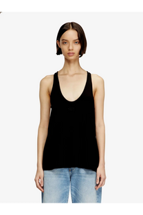 Diesel women’s black ribbed cotton tank top with sleeveless design, deep scoop neckline, and relaxed fit