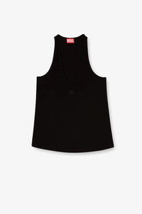 Diesel women’s black ribbed cotton tank top with subtle embroidered logo and red brand tag at the neckline