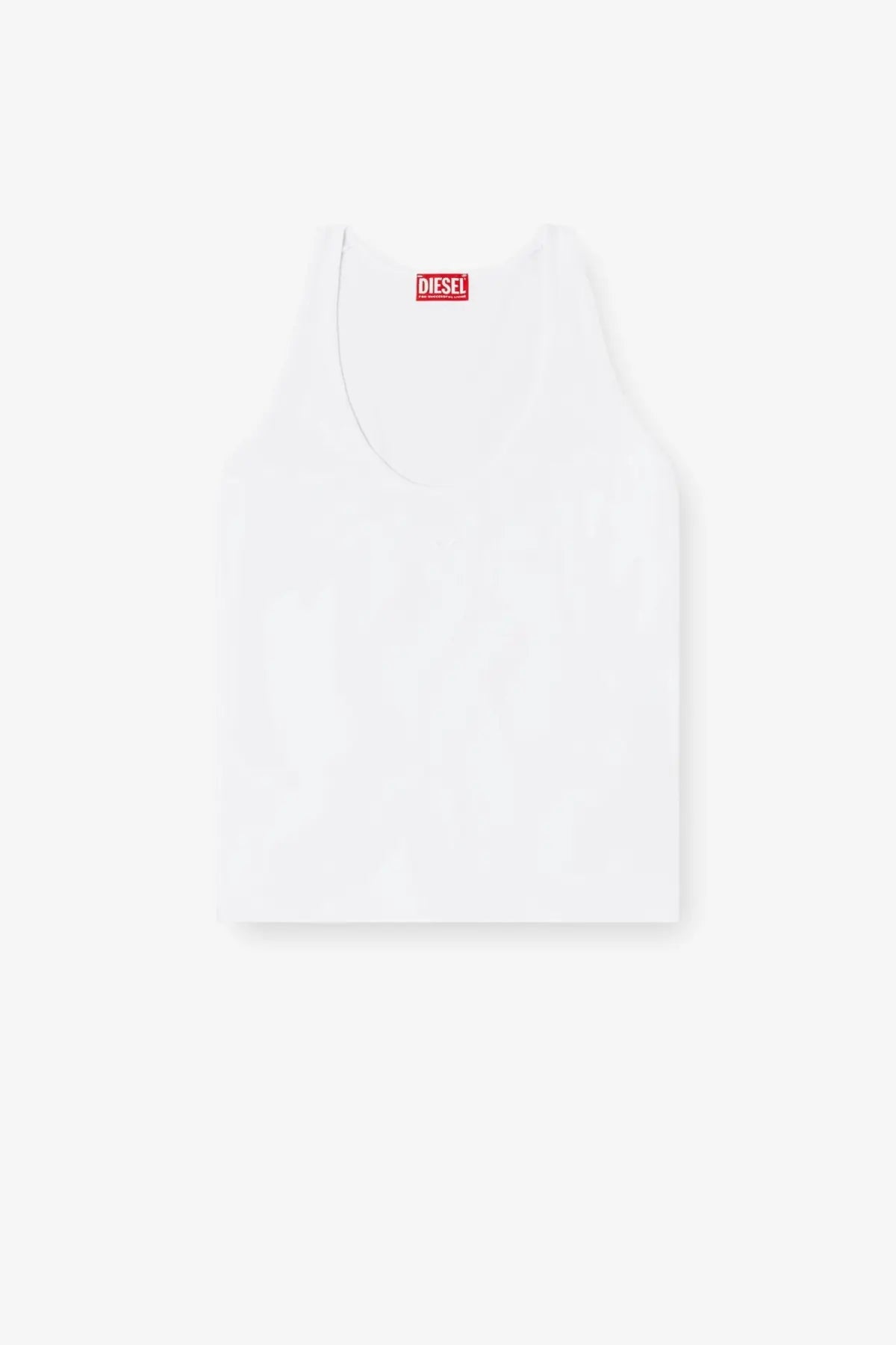 Diesel women’s white ribbed cotton tank top with minimalist design and small red brand tag at the neckline