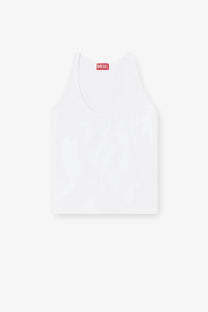 Diesel women’s white ribbed cotton tank top with minimalist design and small red brand tag at the neckline