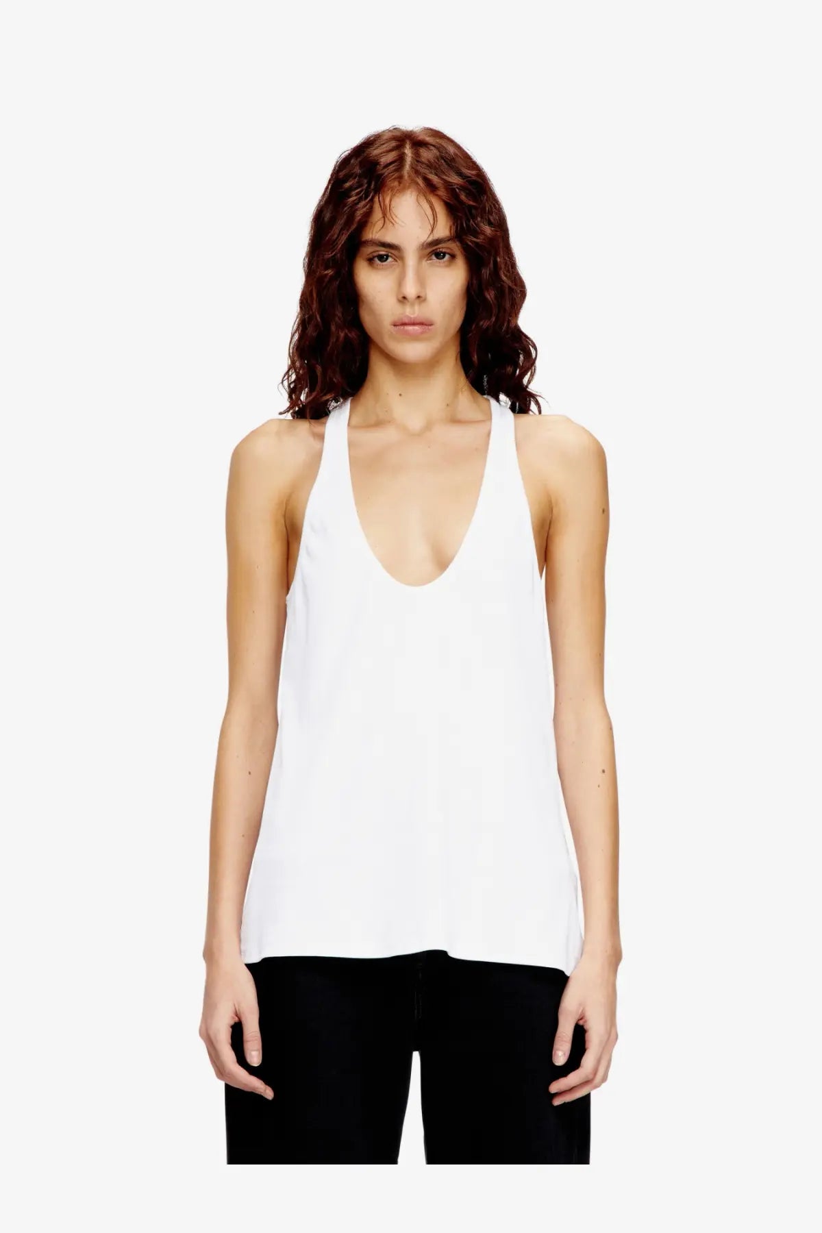 Diesel women’s ribbed cotton tank top white with a deep v-neckline and soft flowing sleeveless fabric