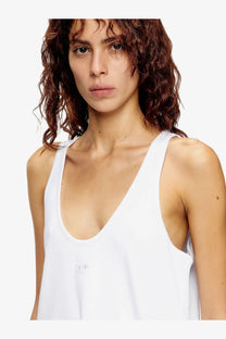 Diesel women’s white ribbed cotton tank top with deep v-neckline and subtle embroidered logo on the chest