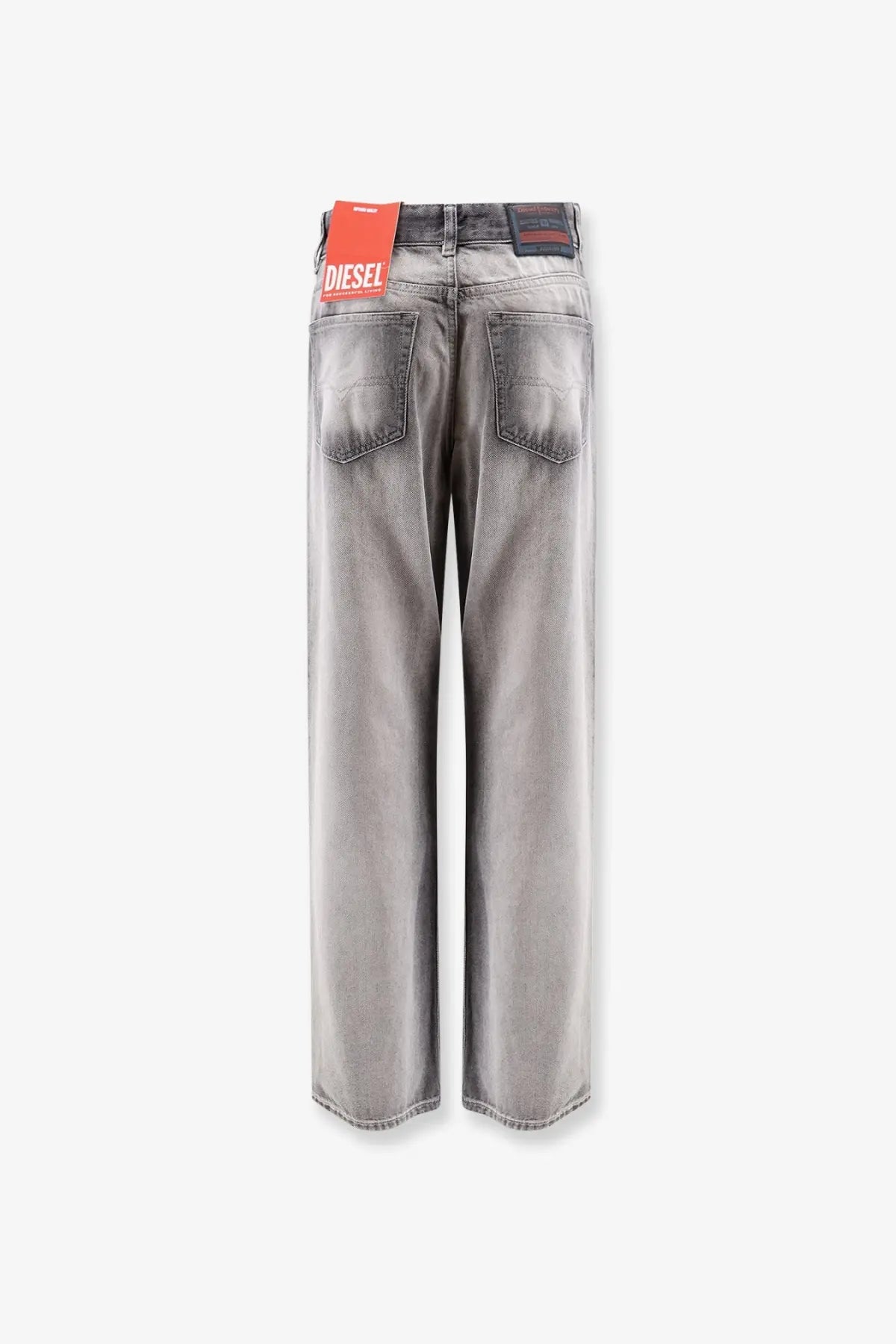 Diesel women’s Sent grey denim jeans in faded wash gray denim with red Diesel brand tag at the waistband