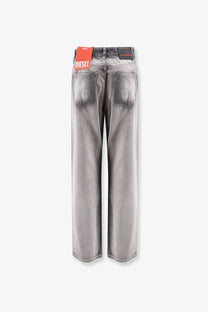Diesel women’s Sent grey denim jeans in faded wash gray denim with red Diesel brand tag at the waistband