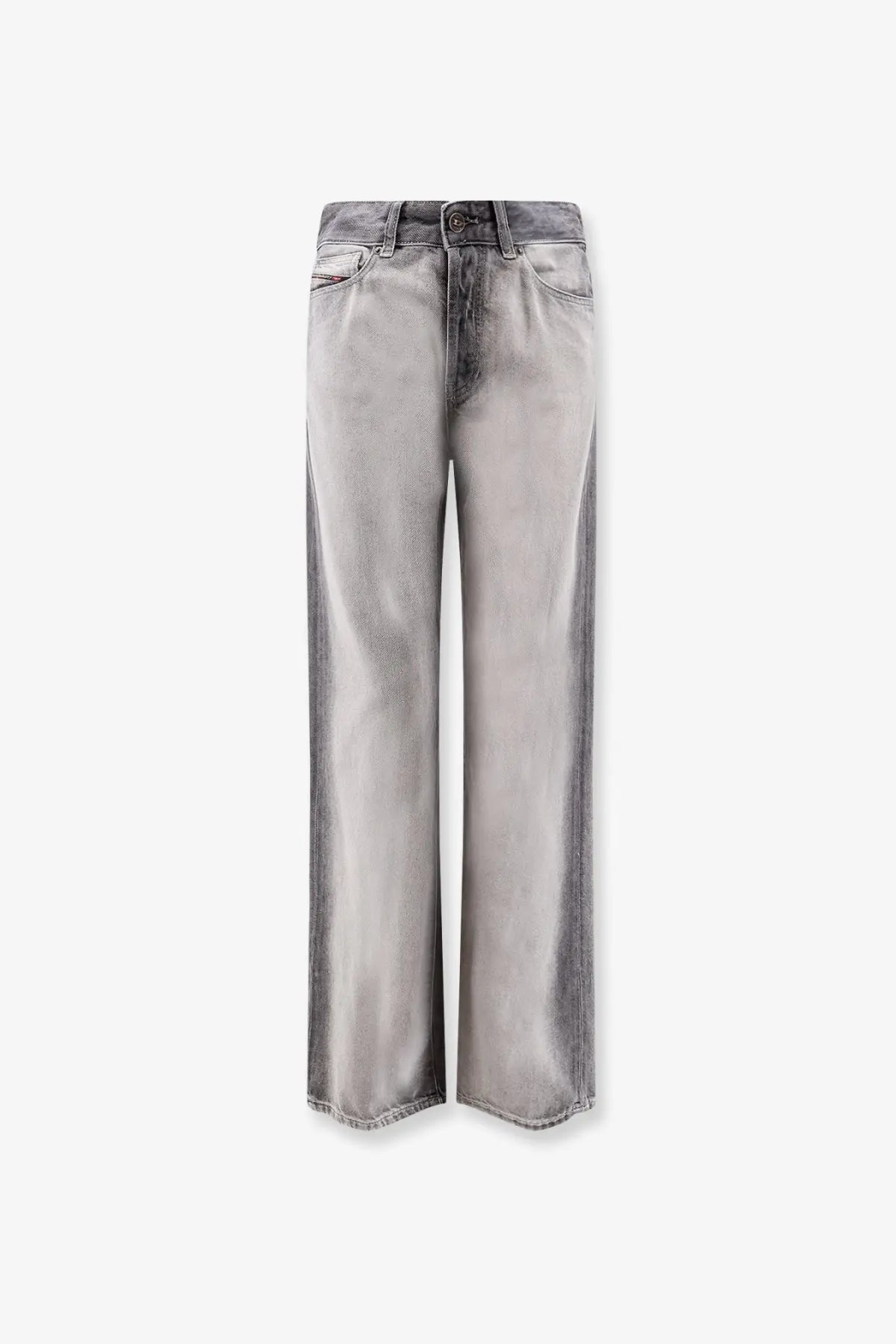 Diesel women’s sent grey denim jeans in faded gray wide-leg denim with subtle distressing and contrast stitching