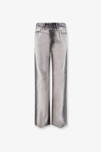 Diesel women’s sent grey denim jeans in faded gray wide-leg denim with subtle distressing and contrast stitching