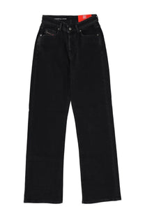 Black denim high-rise straight-leg jeans for women featuring diesel logo on front button