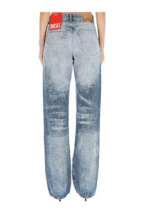 Diesel women’s sent light-wash denim jeans with faded distressed look and wide-leg cut in blue