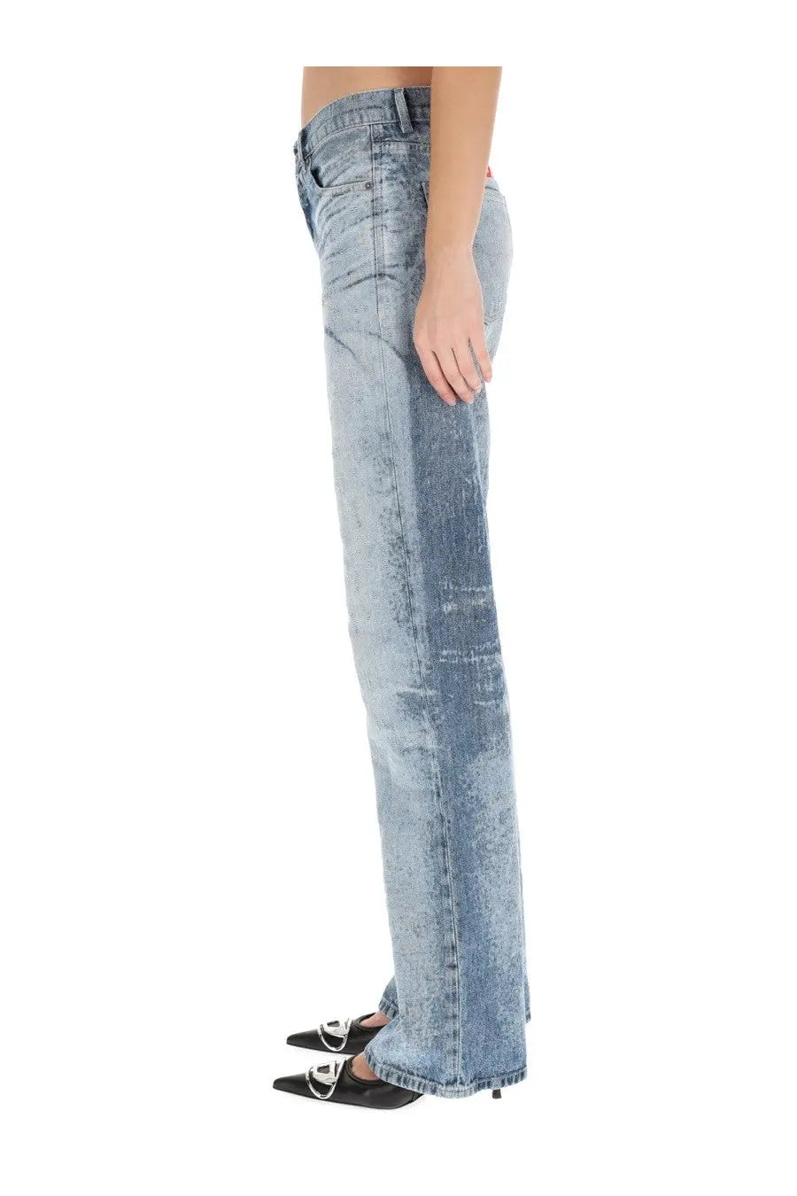 Diesel women’s sent jeans blue light-wash denim with flared leg and subtle distressing details front view