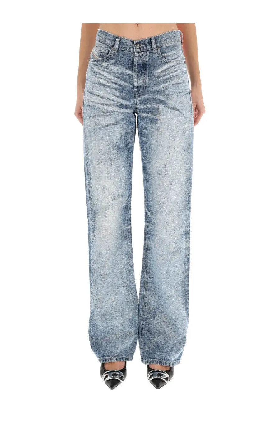 Diesel women’s sent jeans blue light-wash denim with wide-leg high-rise cut and faded distressing