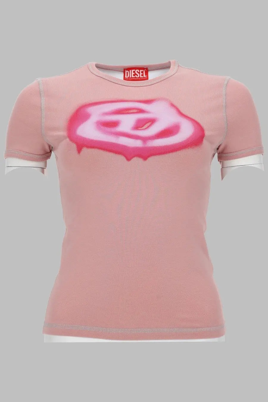 Diesel women’s pink t-shirt with bold spray-painted logo and white trim on sleeves and hem featuring graffiti effect