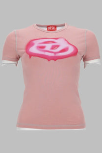 Diesel women’s pink t-shirt with bold spray-painted logo and white trim on sleeves and hem featuring graffiti effect